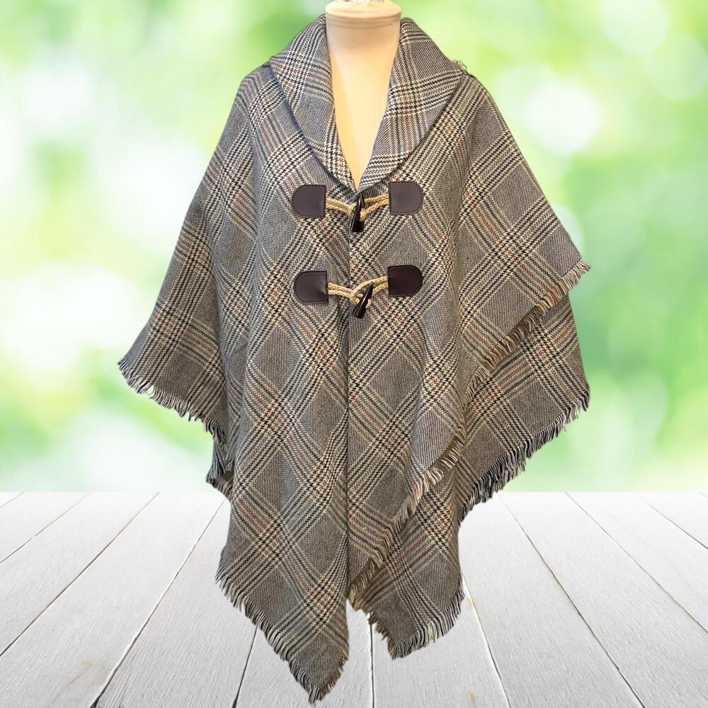 Glen Plaid Poncho Cape Toggle Front Shawl Fringe Lightweight Classic One Size